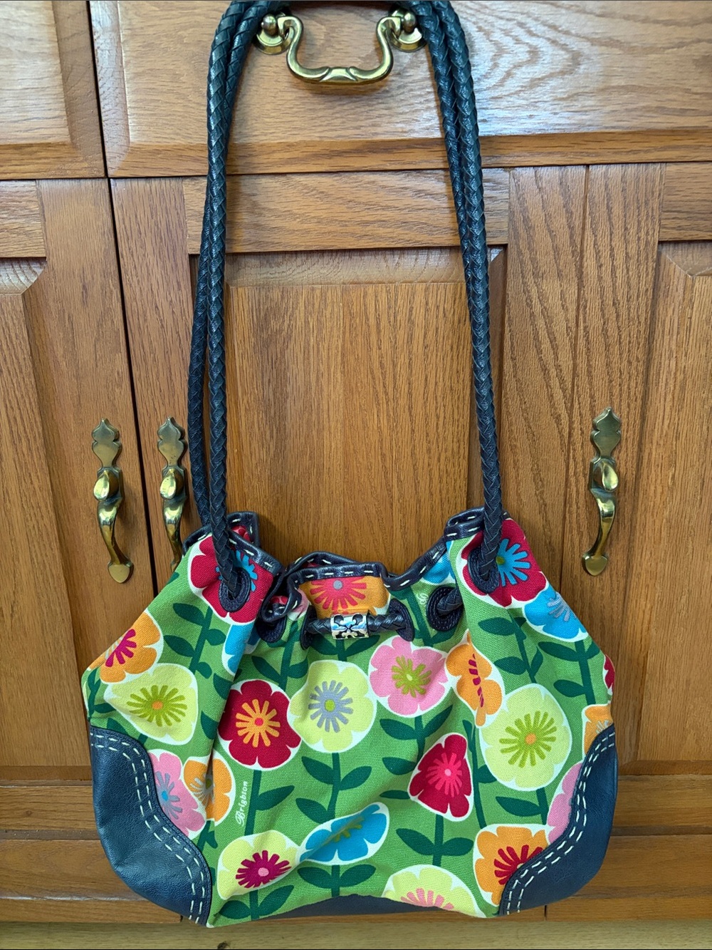 Brighton Floral Canvas Leather Drawstring Shoulder Bag with Magnetic Closure Y2K